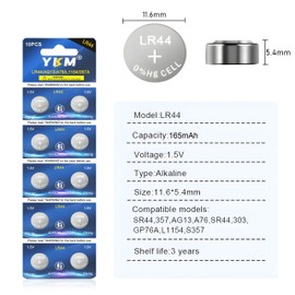 YKM LR44 Batteries AG13 L1154f A76 357/303 L1154 L1154c LR44h 1.5V Alkaline Batteries for Digital Caliper Watch Battery 10 Pack
