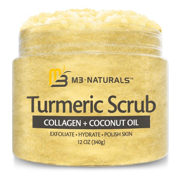 Exfoliating Body Scrub | Turmeric Body Scrub and Skin Exfoliator with Collagen and Coconut Oil | Gently Exfoliate Face Body Hand and Foot Scrub| Moisturizing Body SkinCare products by M3 Naturals