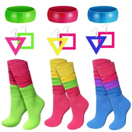 WILLBASIC 9Pcs 80s Accessories for Women, Neon Slouch Socks for Women with Neon Bracelet 80s 90s Earrings for 80's Outfit Glow Party Accessories