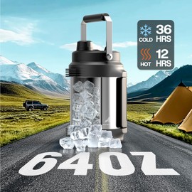 64 oz Stainless Steel Water Bottle for Camping: 2-in-1 Straw Spout Lid, Dual Handle, Leakproof, Keep Cold 48H, Half Gallon Insulated Water Jug for Outdoors, Fitness, Journey, Fishing, Work (Steel)