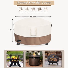 Alickwang Fire Pit Cover Round 44Inch Waterproof,Outdoor Heavy Duty Durable 600D Tear-Resistant Fire Pit Table Cover,Patio Round Firepit Cover 44" D x 24" H, Beige