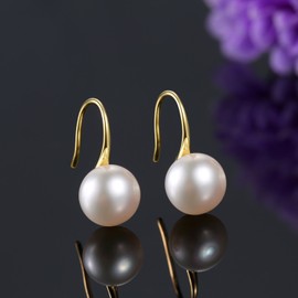 Pearl Earrings For Women, 925 Sterling Silver Freshwater Cultured Pearl Drop Dangle Hook Earring Jewellery (Yellow Gold Plated Sterling Silver,8.5-9.0mm)