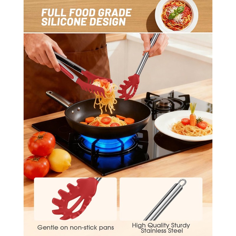 Spaghetti Spoon and Pasta Tong with Teeth and Drain Holes,