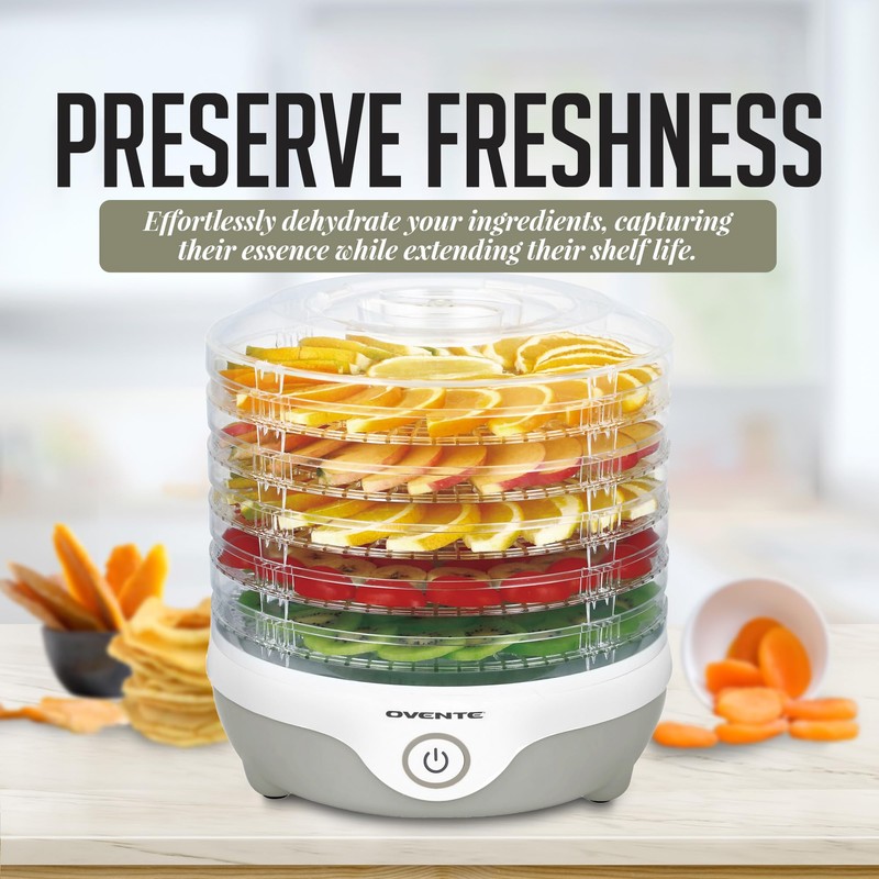 OVENTE Food Dehydrator Machine with 5 Stackable Clear Trays and