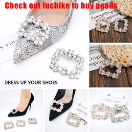 2 PCS Square Rhinestones Pearls Shoe Clips Removable Rhinestones Shoe Buckles Shoe Decorations Charms for Wedding Party Pumps Gold Base with White Pearls