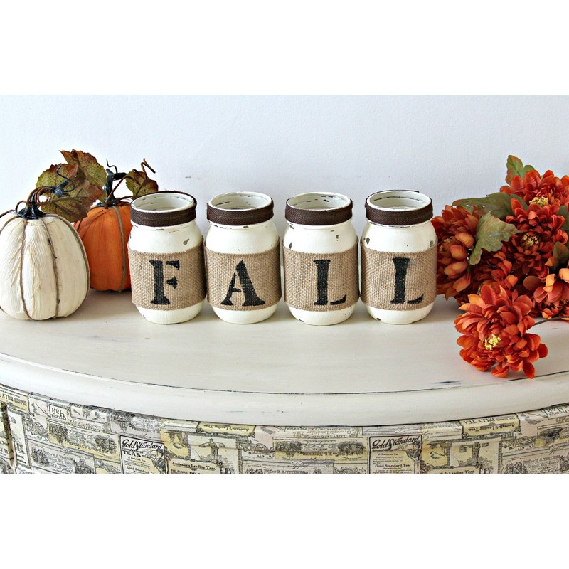 Mason Jars Set Fall Decor Centerpiece | Brown Burlap Tabletop