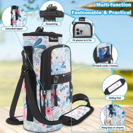 Water Bottle Carrier Bag 25/32/40oz with Pocket ,Insulated Neoprene Adjustable Shoulder Strap Water Bottle Pouch Case, Crossbody Water Bottle Holder Sling Sleeve for Girls Women, 25OZ Summer Flowers