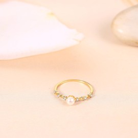 Cupimatch Women's Pearl Zirconia: Gold-Plated Pearls Women's Ring Stackable Thin Wedding Ring Elegant Small Gold Ring Gift for Girls Women, Brass, Cubic Zirconia