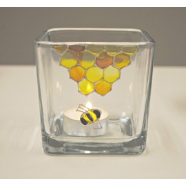 Honey Bee Honeycomb Yellow Hand Painted Stained Glass Square Candle Holder Home Decor
