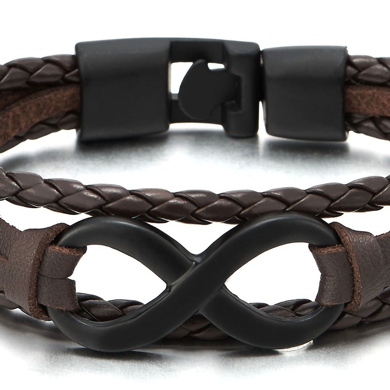 COOLSTEELANDBEYOND Black Infinity Love Number 8 Brown Leather Bangle Bracelet