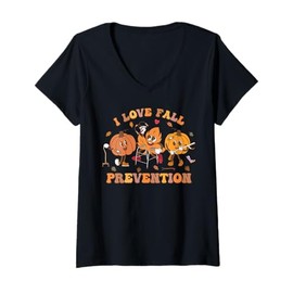 Womens Groovy Retro I Love Fall Prevention Fall Physical Therapy V-Neck T-Shirt