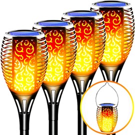 LazyBuddy 4 Pack Solar Tiki Torch Lights Outdoor Waterproof - Realistic Flickering Flame Fire Effect, 3-in-1 Hanging Lantern with Detachable Hook - Auto On/Off for Patio, Garden, Yard, Pathway Decor