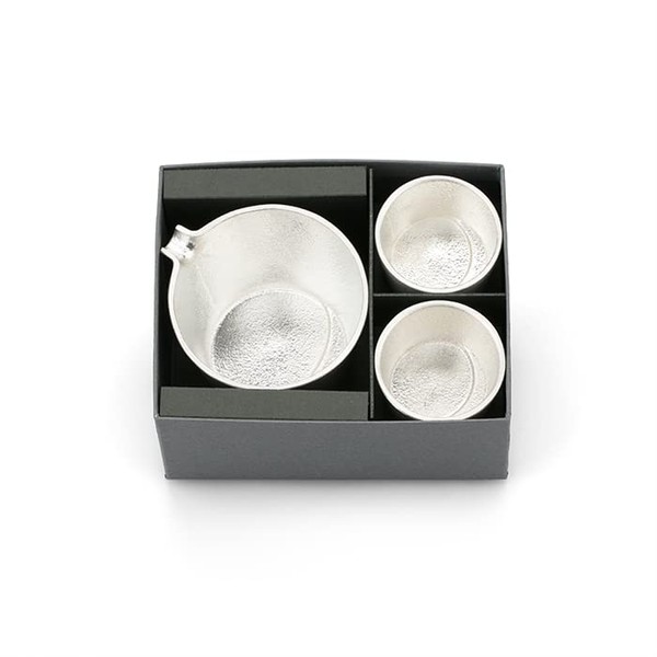 NOUSAKU Moon Sake Bowl Set, 100% Genuine Tin, Wrapping with Washi Paper