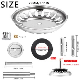 Strainer Basket Sink 79 mm Sink Strainer Plug Sink Strainer Universal Sink Drain Plug Stainless Steel Compatible with Blanco Sinks Height Adjustable (25 mm - 71 mm)