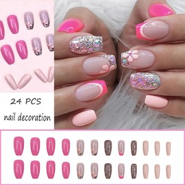French Tip Press on Nails Short Flower Fake Nails Glittering Powder Sequins Floral Stick on Nails French Rose Red False Nails for Women And Girl Nail Design 24 Pcs
