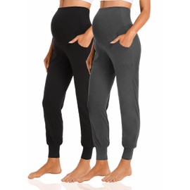V VOCNI Women's Maternity Pants Maternity Activewear Jogger Track Cuff Sweatpants Over The Belly Stretchy Pregnancy Pants Black/Dark Grey X-Large