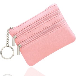 Small Coin Purse, Small Wallet for Woman, Change Wallet, Zipper Coin Pocket Small Ladies Purse with 3 Compartments & Keychain, Small & Lightweight, Easy to Carry (Pink)