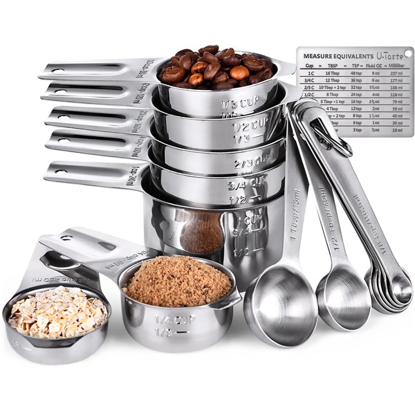 Measuring Cups, U-Taste Measuring Cups and Spoons Set of 15 in 18/8 Stainless Steel : 7 Measuring Cups and 7 Measuring Spoons with 2 D-Rings and 1 Professional Magnetic Measurement Conversion Chart