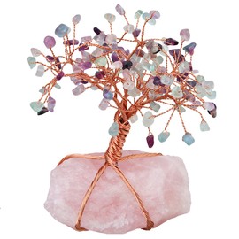 mookaitedecor Multicolor Fluorite Crystal Tree with Rose Quartz as Base and Wrapped with Copper Wire, Beautiful Symbol of Wealth and Happiness, Family Office Decoration