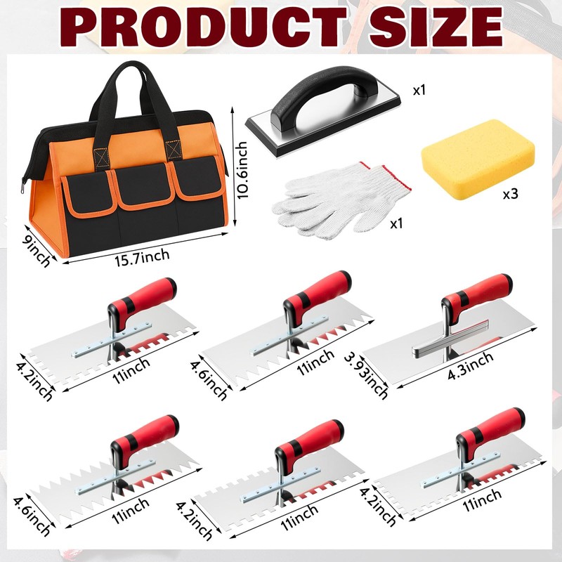 SiliFine 12 Pcs Tile Trowel Tools Set, Include 6 Stainless
