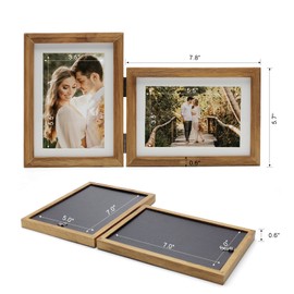 Janreefan Double Vertical & Horizontal Picture Frames Hinged Folding Rustic Photo Frames Poster Frames in Brown Made of Pine Wood with Real Glass for Wall Hanging or Tabletop Standing, Display