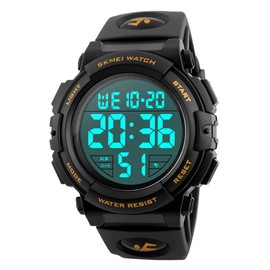 Men 's Large Face Digital Outdoor Sports Waterproof Watch LED Luminous Alarm Stopwatch Simple Army (Gold)
