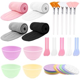 39 Pcs Esthetician Facial Supplies Set: 4 Silicone Facial Bowls, 4 Facial Headbands, 15 compressed sponges, 10 facial spatula, 6 Facial Cosmetic Fan Brushes for Mud Cream, Makeup Peel, Face Cleansing