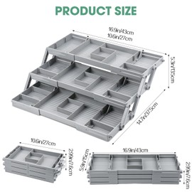 Handbanary Upgraded 3 Tier Drawer Organizer, Smart Drawer Organizer Multi Level Expandable Desk Organizer for Makeup, Jewelry, Kitchen Office Supplies (1 Row 3 Tier, Grey)