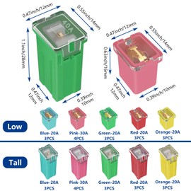 Tnisesm 32Pcs J case Fuses Assortment Kit, Low and Tall/STD Profile Box Shaped Assortment Fuse Kit(20A, 30A, 40A, 50A, 60A),Ford F150 Fuse kit, for Chevy/GM Nissan and Toyota Pickup Trucks Cars SUVs