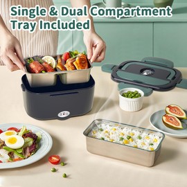 Electric Heated Lunch Box for Adults with 2 Pack 1.5L Containers, Portable 100W 3-IN-1 Fast Heated Lunch Box for Men, Portable Heating Food Warmer,12V/24V/110V for Car Truck Office Home Travel