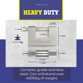 Magmaus® RTL/70 [Never-Rust] Heavy Duty Outdoor Padlocks with 3 Keys [High Security] [Stainless Steel] Weatherproof - Ideal for Containers, Shed, Chain, Gate, Garage (70 mm)