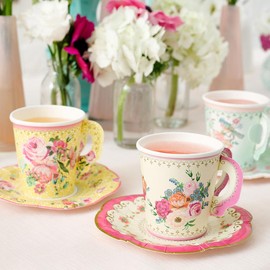 TalkingTablesVintage Floral Tea PartyPaper Cups and SaucersPack of 12Mixed Colours