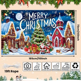 Christmas Banner Backdrop, Merry Christmas Banners, Blue Santa Snowman Christmas Banner Photo Booth Sign Background Decor, Fabric Xmas Hanging Banner for Indoor Outdoor Christmas Party Decorations
