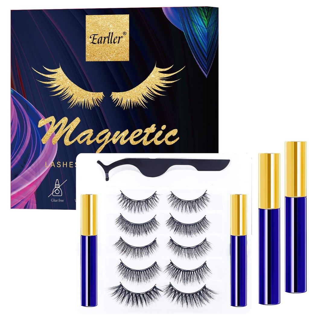 EARLLER 2021 Magnetic Eyelashes with Eyeliner Kit,5 Pairs Natural Look False Lashes with Applicator - Easy to Apply and No Glue Needed, 3D & 5D Reusable Short and Long Eyelashes Set