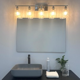 MELUCEE 5 Lights Brushed Nickel Bathroom Light Fixture Modern Light Fixtures Wall Mounted Modern Vanity Lighting with Hammered Glass Shade Suitable for Bathroom Mirror Sink Cabinet