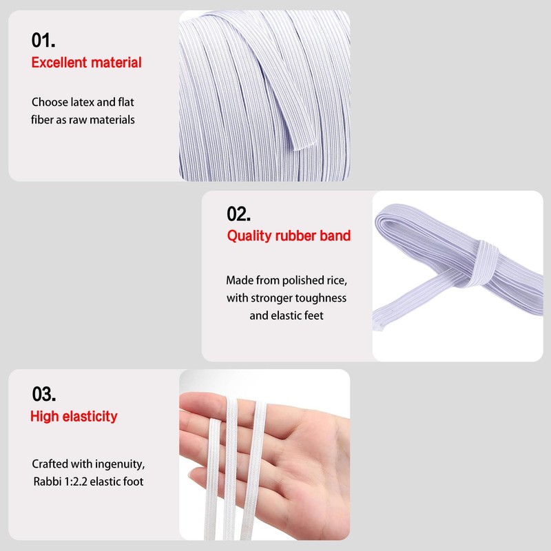 3PCS Elastic for Sewing - White Elastic Band Set (4mm/24m,