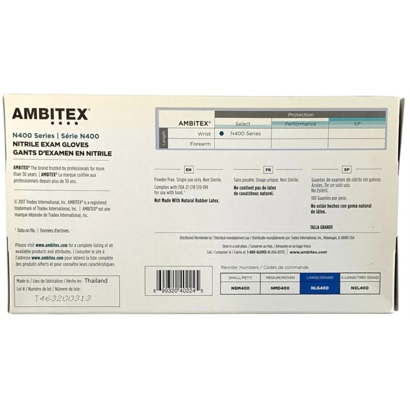 Ambitex NLG400 Powder Free "LARGE" Nitrile Exam Gloves (10 pack/1000