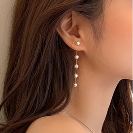 TseenYi Long Pearl Tassel Drop Earrings Boho Long Pearl Dangle Earrings Gold Pearl Long Tassel Earrings Small Pearl Chain Stud Earrings Vintage Pearl Earrings Jewellery for Women and Girls, Zinc
