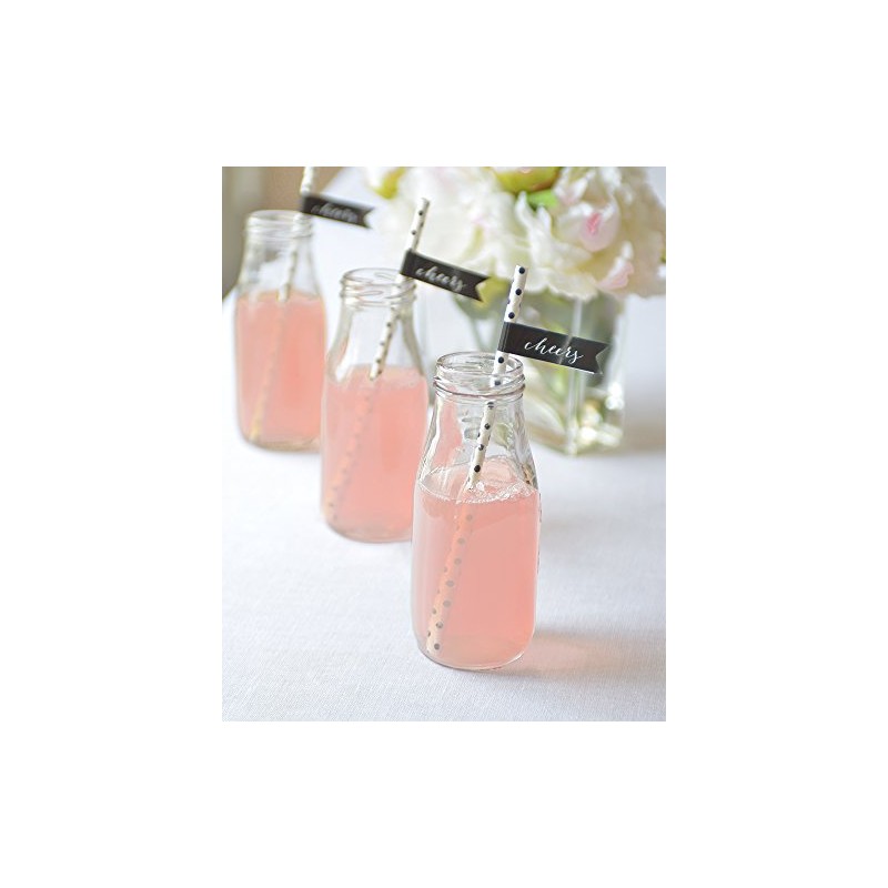 Black Dots Paper Straws with Cheers Flags - 24 Count