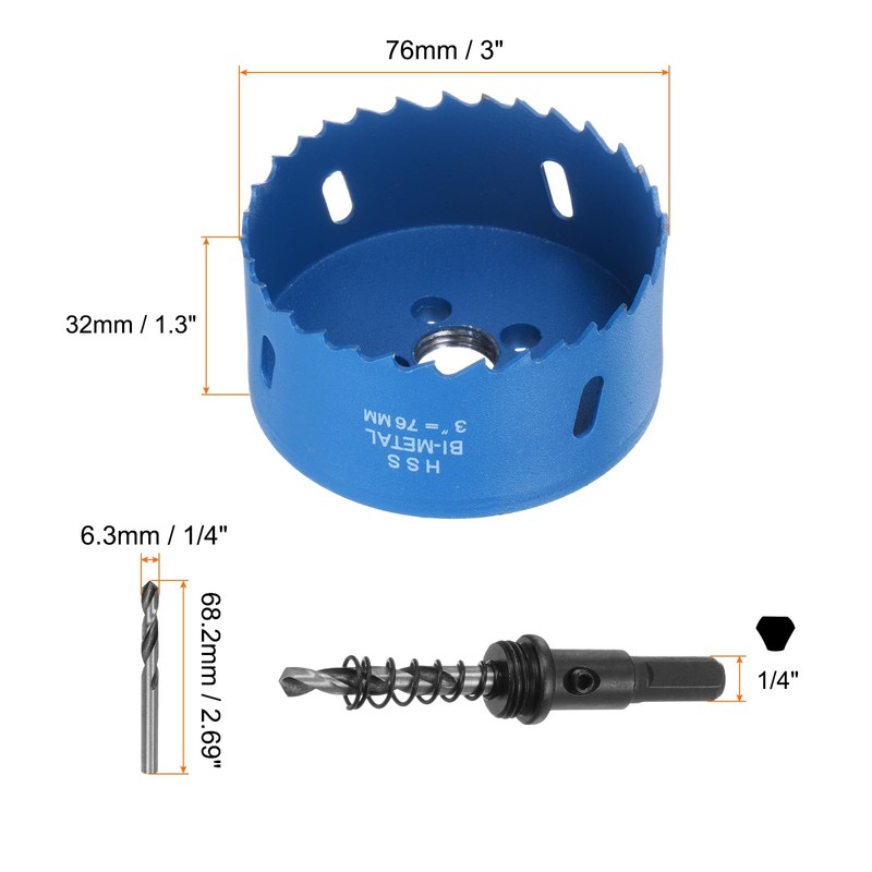 sourcing map Bi-Metal Hole Saw Kit 76mm (2-15/16") Hole Cutter