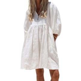 chouyatou Women's Summer Puff Sleeve Cotton Tunic Dress V-Neck Mini Vacation Babydoll Dress (Large, White)