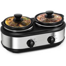 Dual Slow Cooker Buffet Server Food Warmer with 3 Adjustable Temperature Modes, Double Slow Cooker with 1.5 QT Ceramic Pot and Removeable Glass Lid, Dishwasher Safe, Stainless Steel