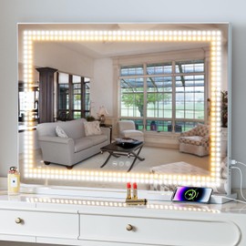 Misavanity Vanity Mirror with Lights Dots Makeup Mirror with LED Lights 31.5" x 22.8" Tempered Glass Lamp Bead Touch Screen Control Dimmable 3 Colors Modes USB Charging Port 10X Magnification, White