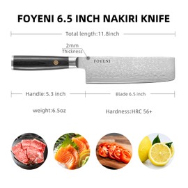 foyeni Nakiri Knife - 6.5 Inch Sharp Japanese Chef Knife, High Carbon Stainless Steel Meat and Vegetable Knife with Ergonomic Handle, Multipurpose Kitchen Knife for Effortless Chopping and Slicing