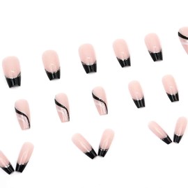 YAOBFFCAS Women's Sparkle French Coffin Press on Nails, Unique Striped Square Fake Nails, Glitter Glue on False Nails, Gel Press on Nails Medium for Wedding and Party - Black & Pink