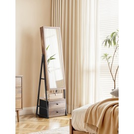 Nicetree Jewelry Cabinet Armoire with 2 Drawers, Lockable Standing Jewelry Mirror Cabinet, Full Length Mirror with Jewelry Storage, Jewelry Organizer with Light, Toasted Oak