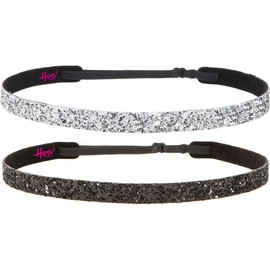 Hipsy Women's Adjustable NON SLIP Skinny Bling Glitter Headband Black Duo 2pk (Black & Silver)