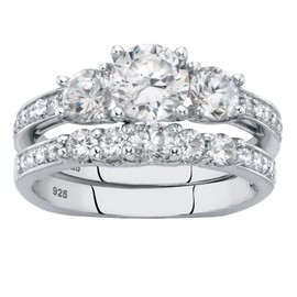 PalmBeach Sterling Silver Round Cubic Zirconia 3-Stone Bridal Ring Set Sizes 6-10 Size 7