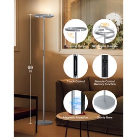 SIBRILLE Silver Floor Lamps for Living Room, Stepless Dimmable Standing Lamp with Touch Remote Control, 22W Rotatable LED Floor Light Tall Uplighter for Bedroom Office, 69'' Modern Room Light