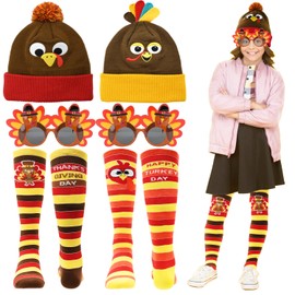 UMEELR 6PCS Turkey Trot Costume, Thanksgiving Hats Turkey Socks Sunglasses Thanksgiving Fall Costume for Kids Women Man Thanksgiving Day Party Favor Supplies